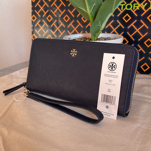 New, tory burch leather emerson wristlet zip continental wallet navy - Picture 2 of 12